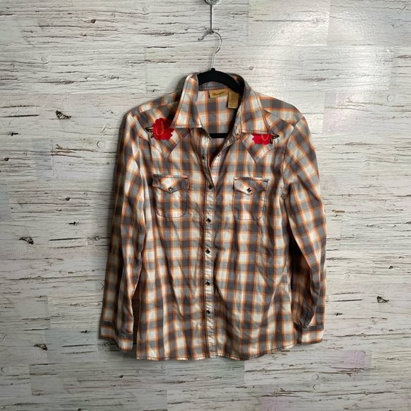 Wrangler brown red floral plaid blouse top size large western - Picture 1 of 14